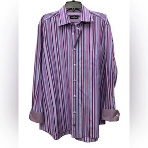 Bugatchi Uomo Men’s Long Sleeve Flip Cuff Purple Striped Button Up Shirt Size XL